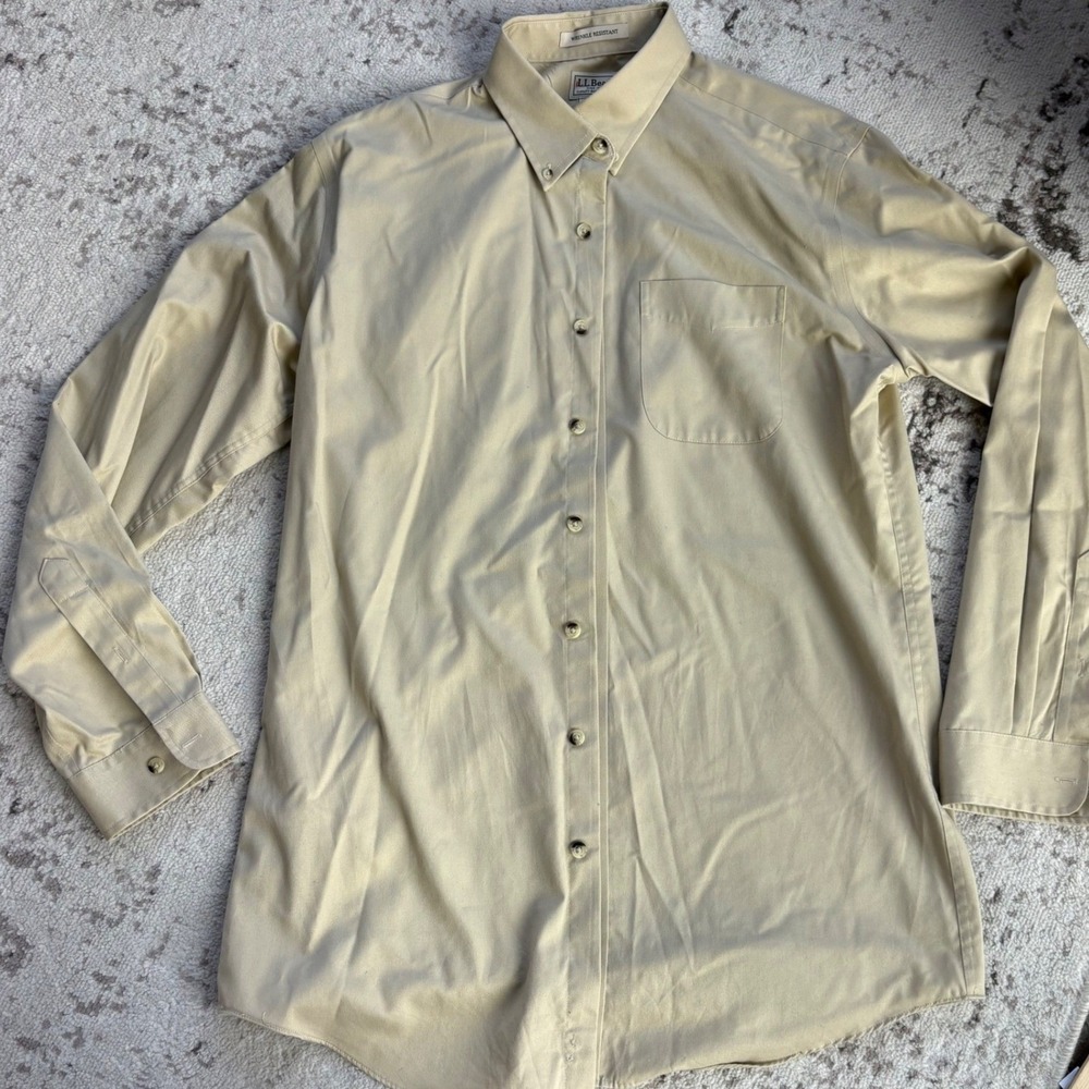 LL Bean Mens size Large Tall Wrinkle Resistant Cotton Button Down tan Shirt